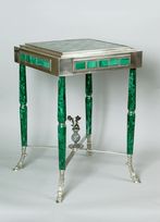 Russian Chess Game Table In Silver, Malachite And Ornamental Stones