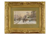 View of Paris: The Hotel de Ville banks and the statue of Etienne Marcel under Snow