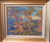 Le Cap d'Antibes en 1964, huile sur carton signée Berthe Sourdillon. Ecole française. 