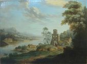 Paysage Rhenan, Huile sur panneau attribuée à Johann Georg Schütz. Ecole allemande circa 1800.