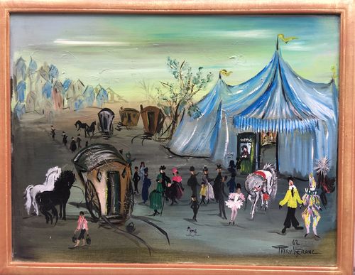 Le cirque, la fête est là ! Huile sur panneau signée Patrick Franc et datée 1962