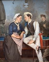 A gallantry scene on a pool table. Austrian school signed Rigot and dated 1874